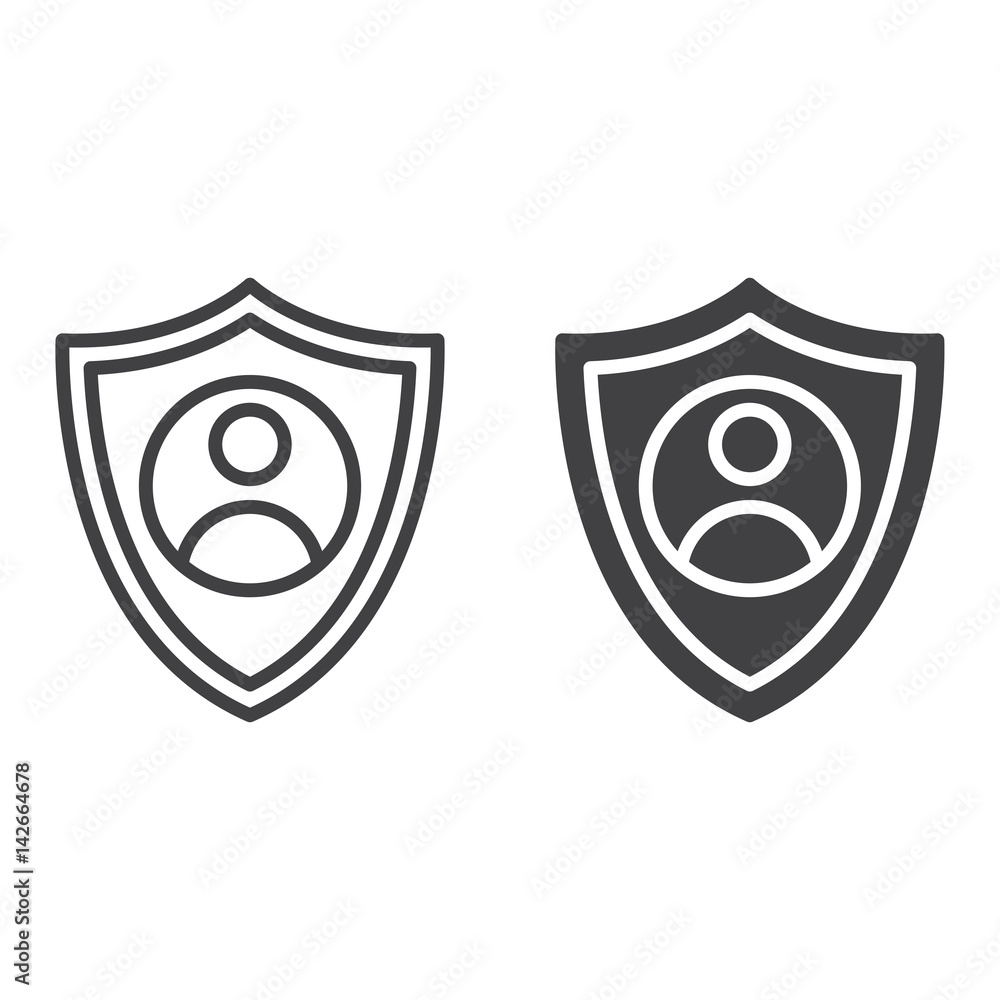 Shield with person line and solid icon, outline and filled vector sign, linear and full pictogram isolated on white. User account protection symbol, logo illustration Shield with person line and solid icon, outline and filled vector sign, linear and full pictogram isolated on white. User account protection symbol, logo illustration
