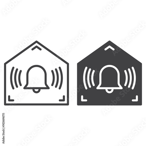 Home secured by alarm system line and solid icon, outline and filled vector sign, linear and full pictogram isolated on white. Symbol, logo illustration