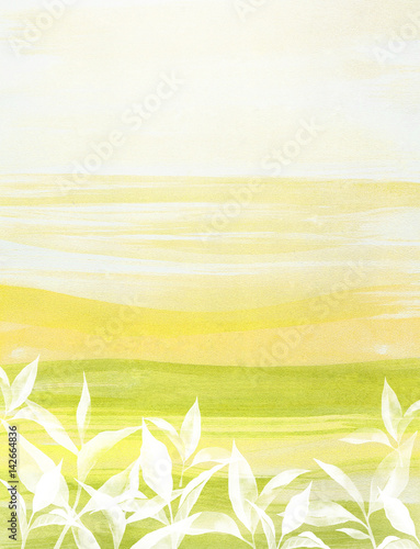 tea leaves watercolor background. Nature frame with hand drawn tea leaves watercolor on abstract yellow background 
