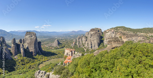 Panoramic view on rocks with Meteora Monastery. Thessaly, Greece. 