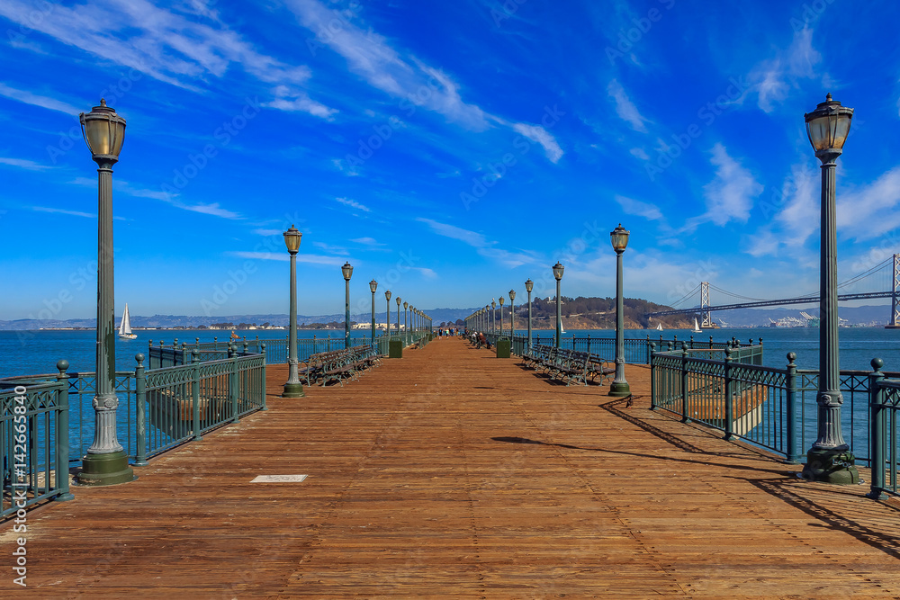 San Francisco wooden Pier 7 on a sunny day