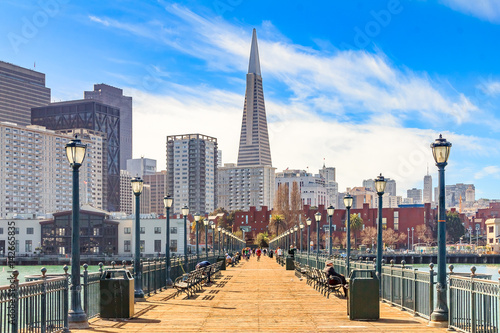 Downton San Francisco and and the Transamerica Pyramid from wooden Pier 7 on a foggy day