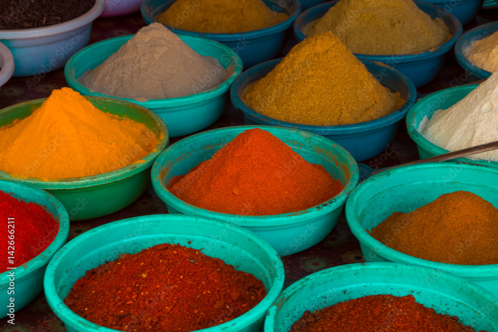 Indian colored powder spices in Arambol, North Goa, India
