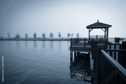 A pavilion in a lake.
