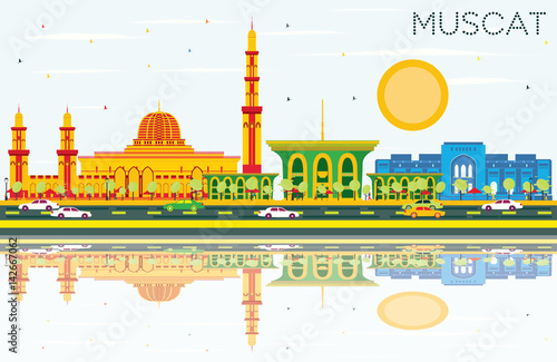 Muscat Skyline with Color Buildings, Blue Sky and Reflections.