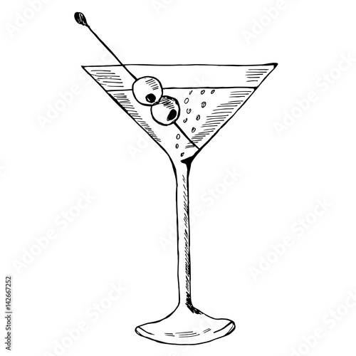 Martini with olive in glass hand drawn ink sketch, isolated. Alcoholic cocktails sketch elements illustration.