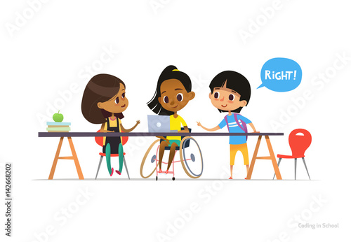 Disabled girl in wheelchair sitting at laptop with pair of school friends helping her to learn coding. Inclusive education concept. Vector illustration for website, advertisement, banner, poster.