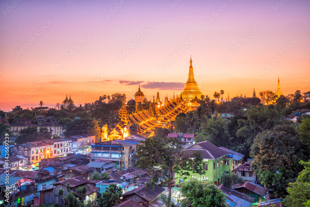 Yangon skyline with Shwedagon Pagoda  in Myanmar