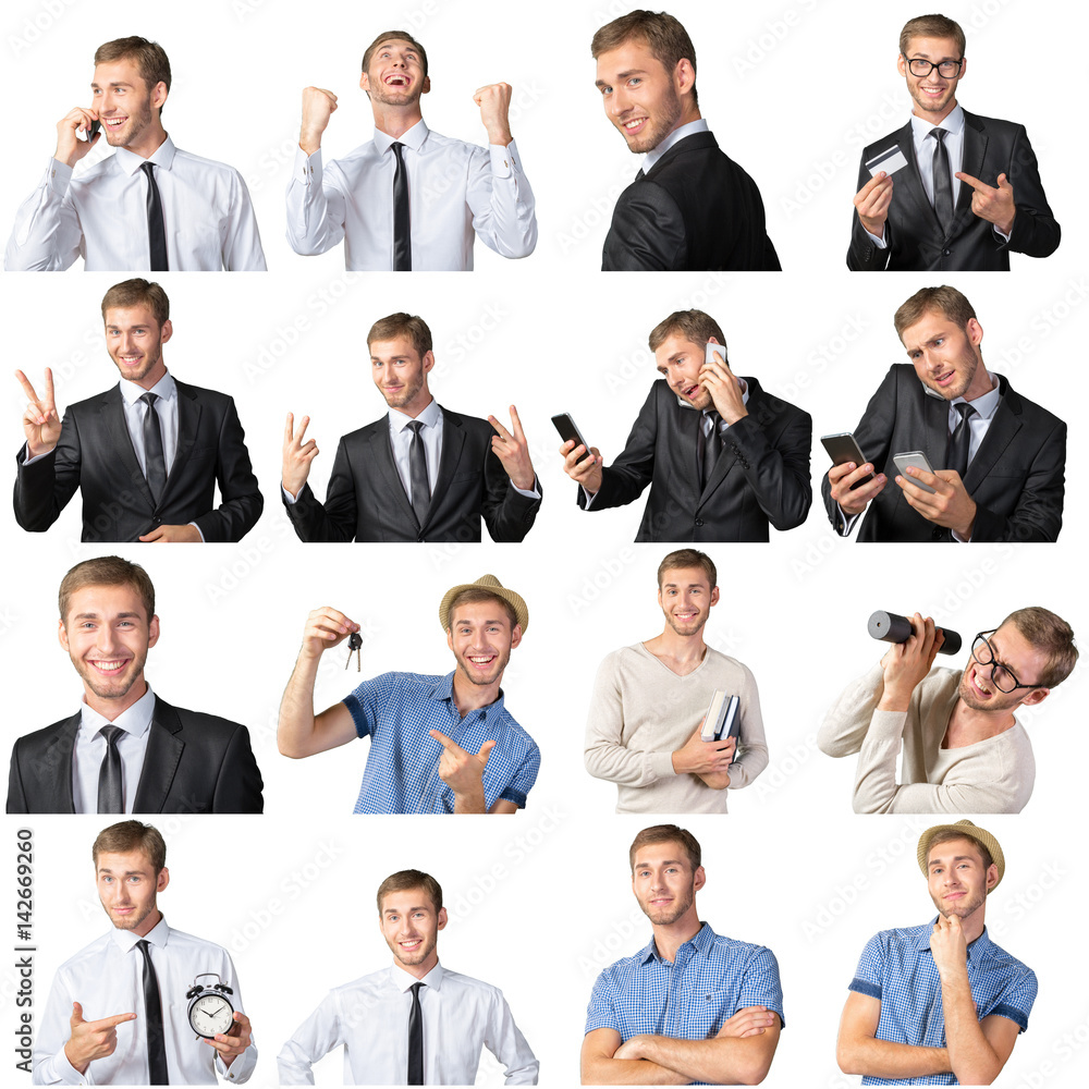 Collage of handsome young man isolated on white Collage of handsome young man isolated on white