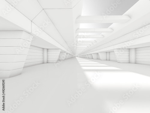 Abstract illuminated empty corridor interior. 3D rendering