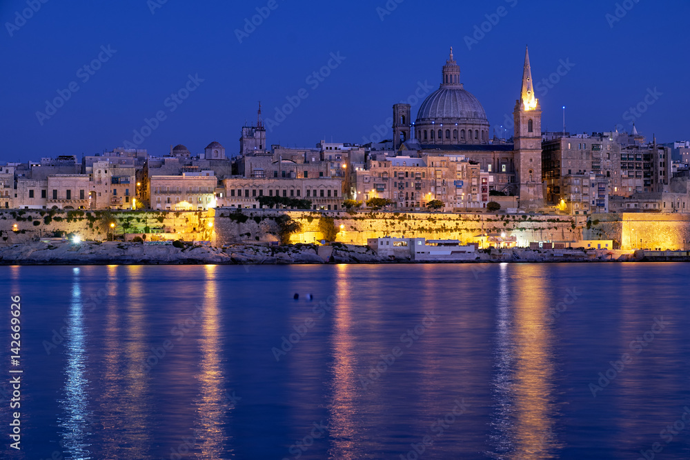The night view of Valletta skyline from Sliema. Malta