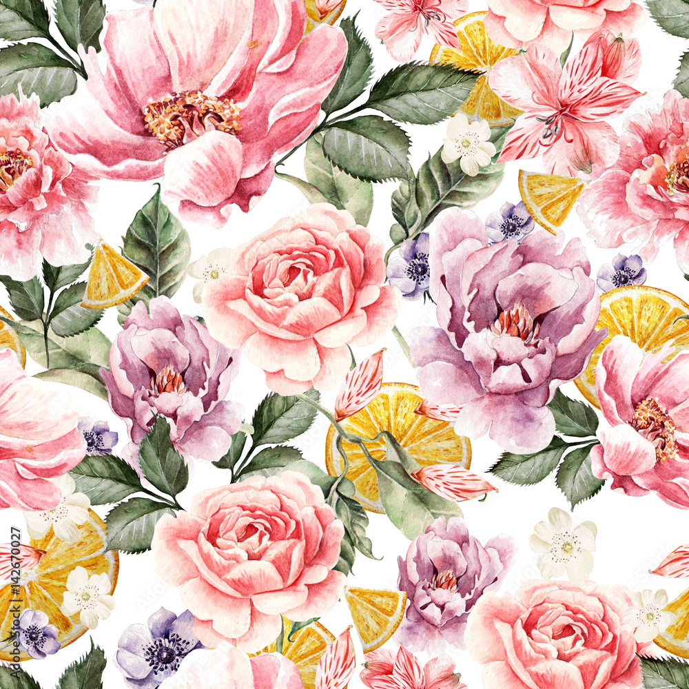 Seamless pattern with watercolor flowers. Peonies, anemone, citrus and roses. Seamless pattern with watercolor flowers. Peonies, anemone, citrus and roses.