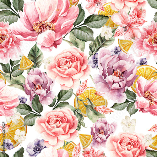 Seamless pattern with watercolor flowers. Peonies, anemone, citrus and roses.