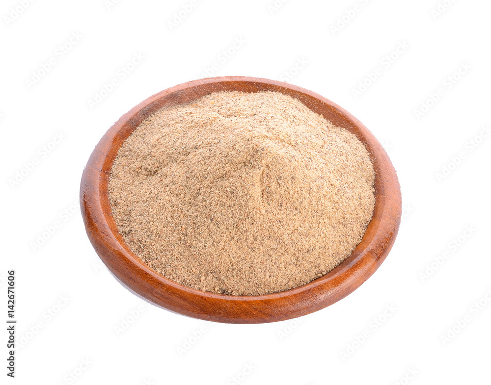 Pepper powder in wood plate on white background Pepper powder in wood plate on white background