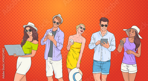 People Group Use Cell Smart Phone Tablet Laptop Computer Chatting Online Over Pop Art Colorful Retro Background Vector Illustration