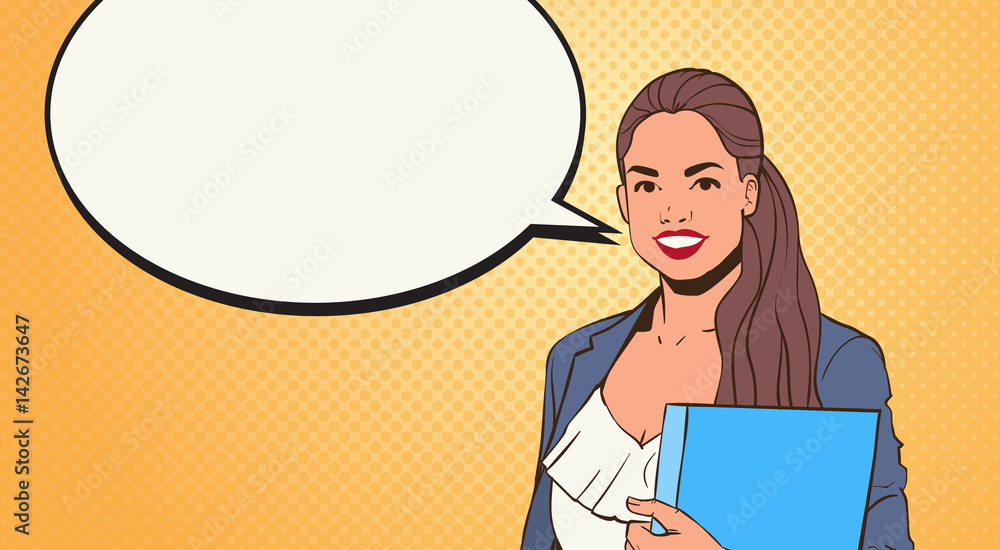Young Business Woman With Chat Bubble Pop Art Colorful Retro Style Vector Illustration Young Business Woman With Chat Bubble Pop Art Colorful Retro Style Vector Illustration