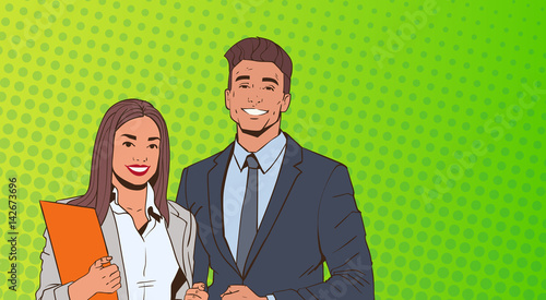 Young Business Man And Woman Over Pop Art Colorful Retro Style Background Vector Illustration