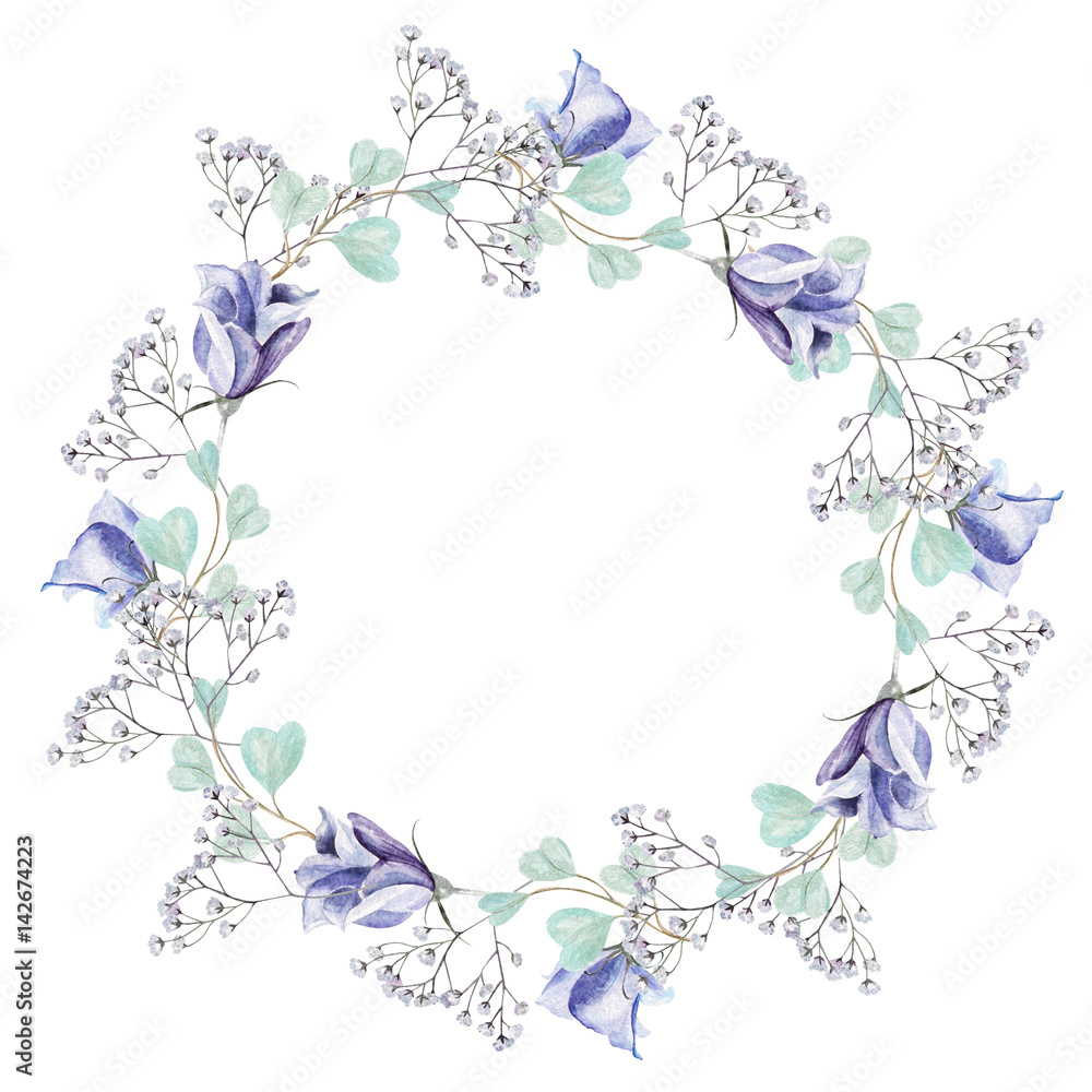 Beautiful watercolor wreath with eucalyptus branches and flowers eustomiya.