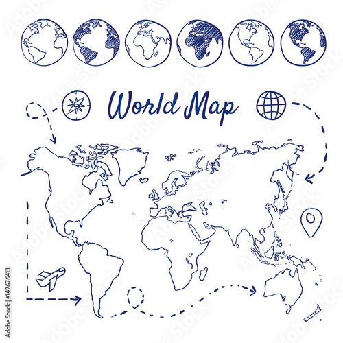 Naklejka Doodle zestaw mapa świata - globusy, samolot, kompas, trasa, cel, rysowane ręcznie. Wektorowa nakreślenie ilustracja odizolowywająca nad białym tłem.