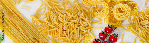 Variety of types dried pasta. Top view