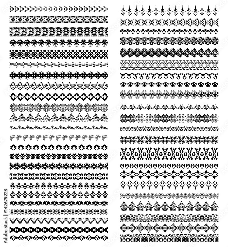 Big vector set of geometric black borders in ethnic style. Collection of pattern brushes inside