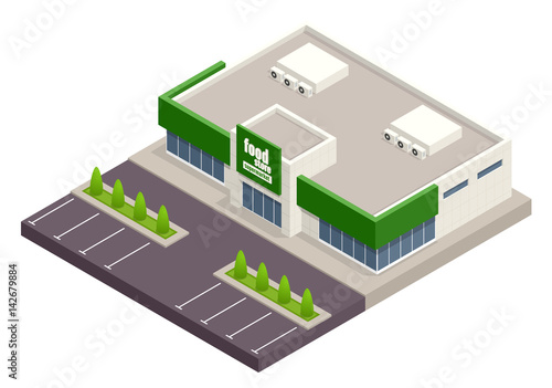 The supermarket with parking and shopping carts. Retail trade. Credit Cards. Vector isometric illustration. supermarket exterior