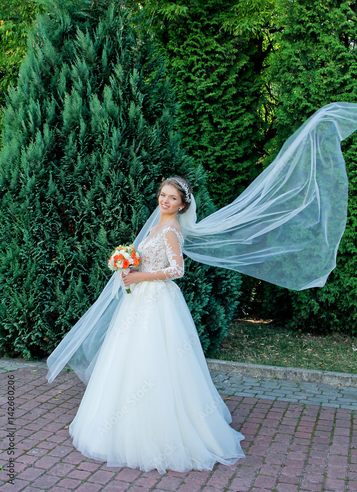 Beautiful light brown bride play with veil on the wind. Attractive girl standing in the park on their wedding day Beautiful light brown bride play with veil on the wind. Attractive girl standing in the park on their wedding day
