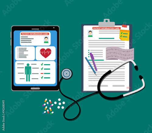 Paper and tablet patient cards with documents, stethoscope, pills, pen. patient card. medical report. analysis or prescription concept. vector illustration in flat style