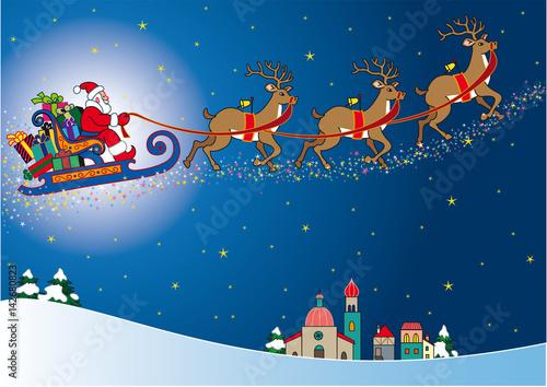 Santa Claus aboard his sleigh full of gift packs, pulled by his reindeer.