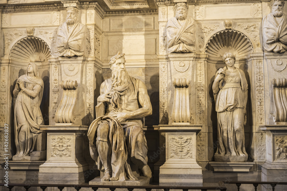Marble statue of Moses sculpted by Michelangelo in Rome, Italy