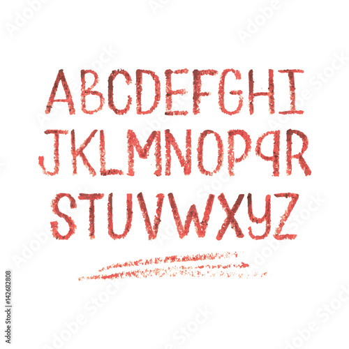 Lipstick pencil alphabet. Textured font hand written and modern.