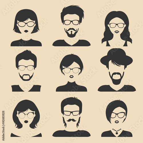 Vector set of different male and female icons in trendy flat style. People faces and heads images collection.