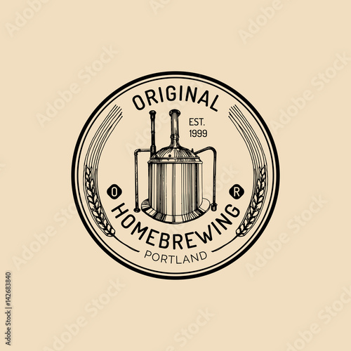 Brew kettle logo. Kraft beer mug logo. Lager cup retro sign. Hand sketched ale illustration. Vector homebrewing badge.