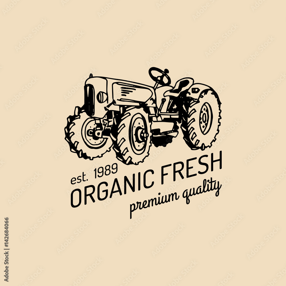 Vector retro farm fresh logotype.Organic premium quality products logo.Eco food sign.Vintage hand sketched tractor icon.