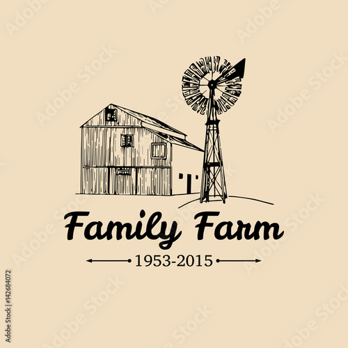 Vector retro family farm logotype.Organic premium quality products poster.Vintage hand sketched barn and windmill icons.