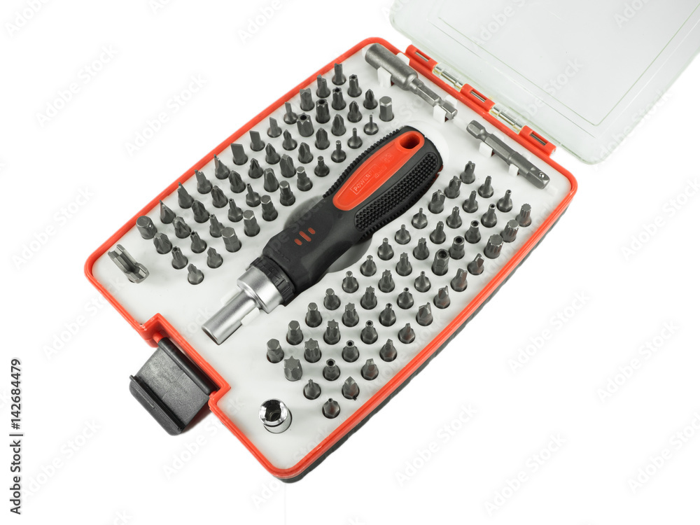 Screwdriver kit with bits over white isolated background Screwdriver kit with bits over white isolated background