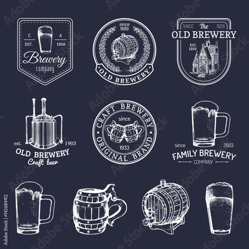 Old brewery logos set. Kraft beer retro signs with hand sketched glass, barrel etc. Vector vintage ale, lager labels.