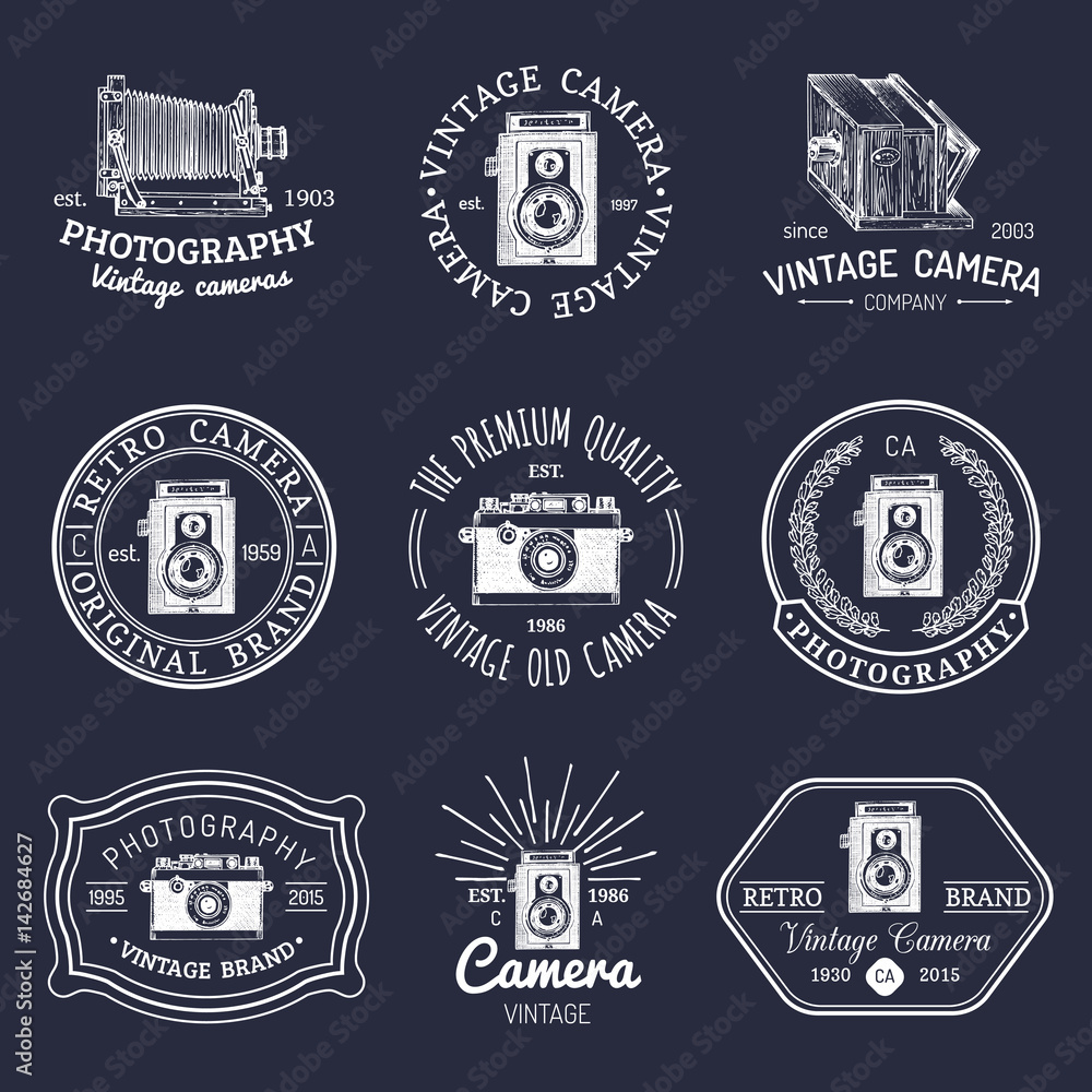 Vector set of old cameras logos. Vintage photo studio, salon signs, labels or badges.