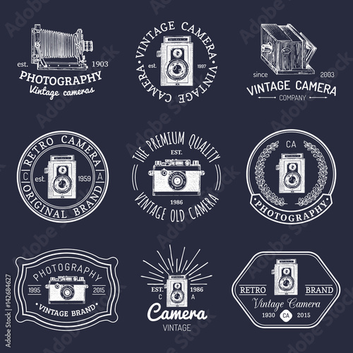 Vector set of old cameras logos. Vintage photo studio, salon signs, labels or badges.