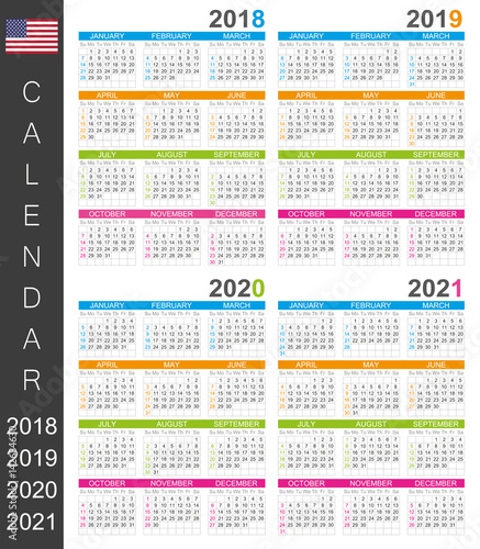 Calendar 2018 2019 2020 2021 / English calendar template for years 2018-2021, week starts on Monday