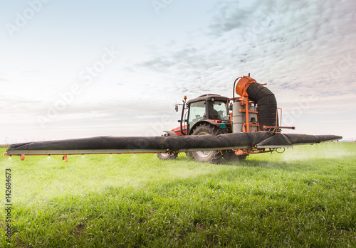 Tractor spraying pesticide on wheat field with sprayer