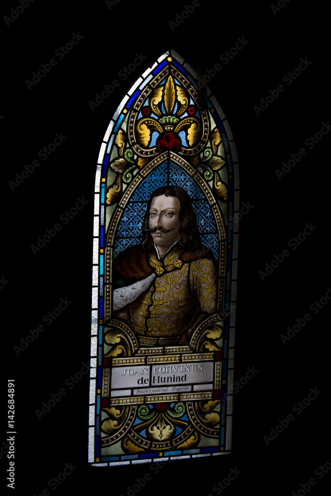 Iancu  de Hundeoara , portrait on vitrage window at Corvin’s Castle 