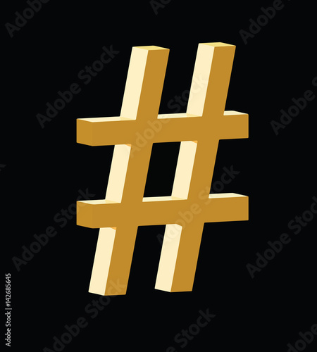 3d hashtag golden symbol vector on black background