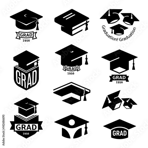 Isolated black and white color students graduation hat logo collection, mortarboard of books logotype set, university grad emblems, education element vector illustration