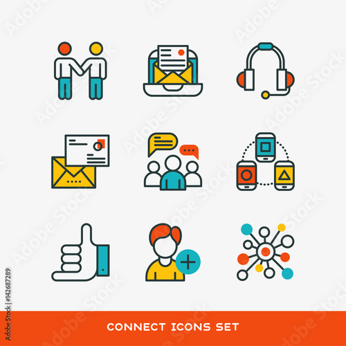 Thin lines connection icons outline set of big data center group cloud computing system internet protection password access technical instrument vector illustration.