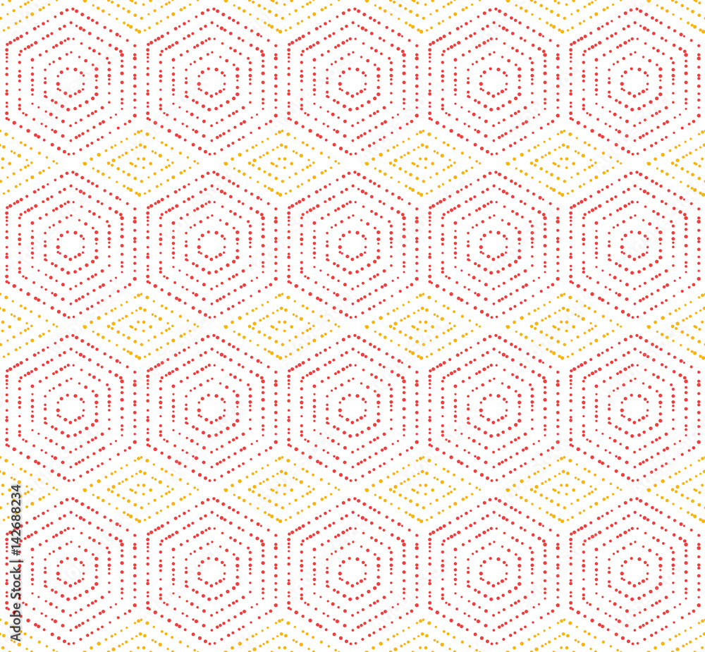 Geometric repeating vector ornament with red and golden hexagonal dotted elements. Geometric modern ornament. Seamless abstract modern pattern Geometric repeating vector ornament with red and golden hexagonal dotted elements. Geometric modern ornament. Seamless abstract modern pattern