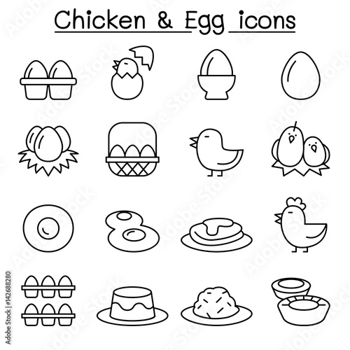 Chicken & Egg icon set in thin line style