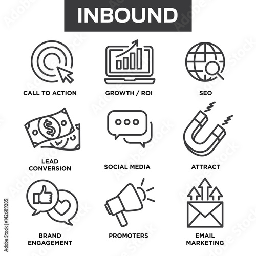 Inbound Marketing Vector Icons with growth, roi, call to action, seo, lead conversion, social media, attract, brand engagement, promoters, campaign, smm