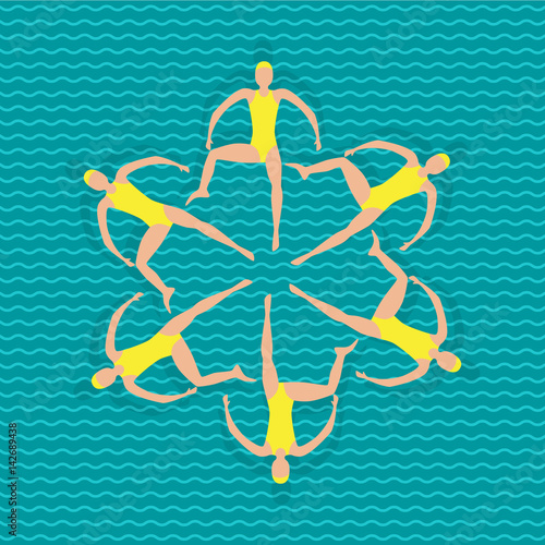Professional athletes womens team of synchronized swimming perform in the water art figure, vector illustration in flat style.