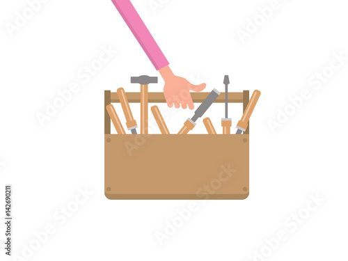 carpenter hand holding tool box flat vector illustration